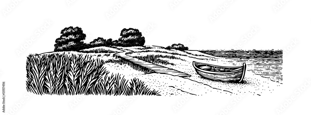 Obraz premium Engraved vector art of a serene beach with a boat and a wooden path at sunset