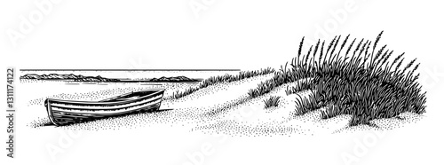 Engraved vector henna tattoo design featuring a beach landscape with a boat and tall grass