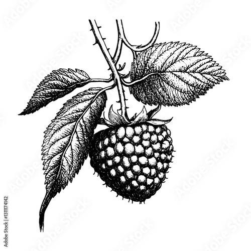 Detailed engraved vector design of a raspberry with leaves for use in tattoo art