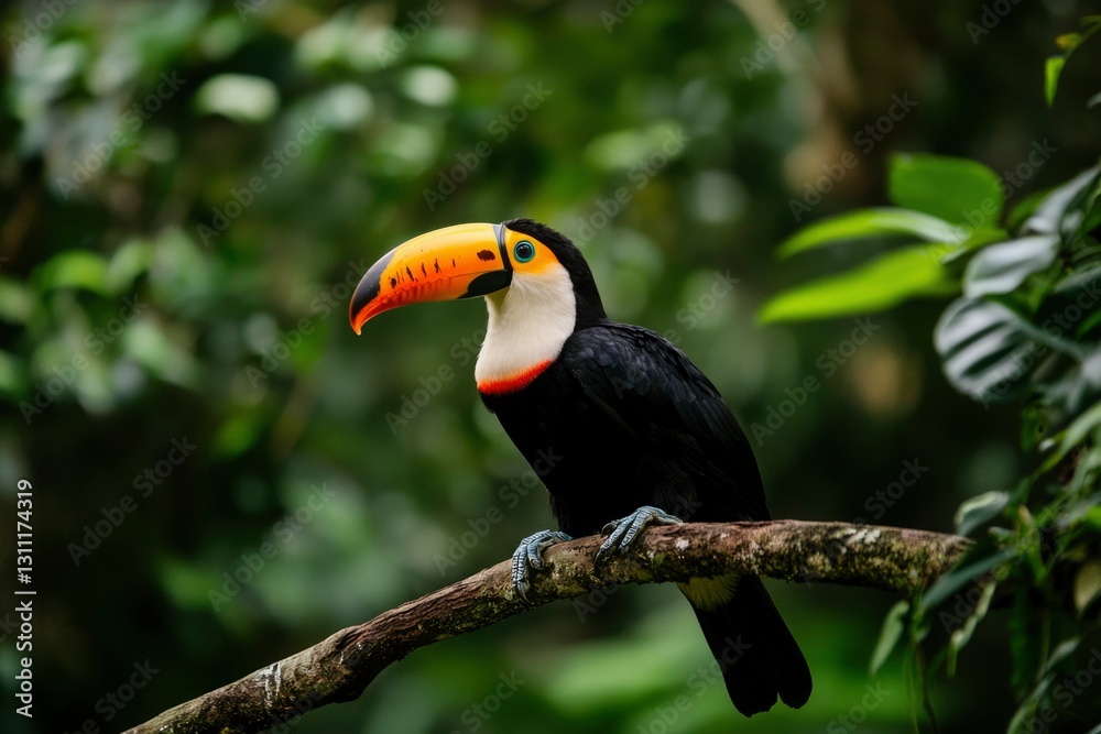 Fototapeta premium Toucan Perched on Branch in Lush Rainforest