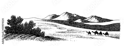 Engraved vector artwork of camels traveling through a desert landscape with mountains in the background