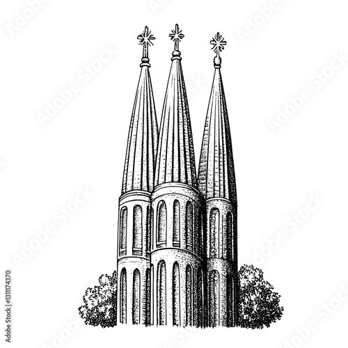 Intricate engraved vector design featuring three towering spires surrounded by greenery