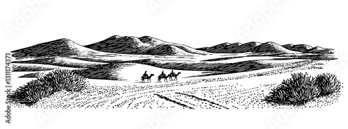 Engraved vector tattoo design featuring riders on horseback traversing a desert landscape at dawn