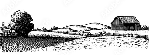 Engraved vector tattoo design featuring a serene rural landscape with rolling hills and a rustic barn