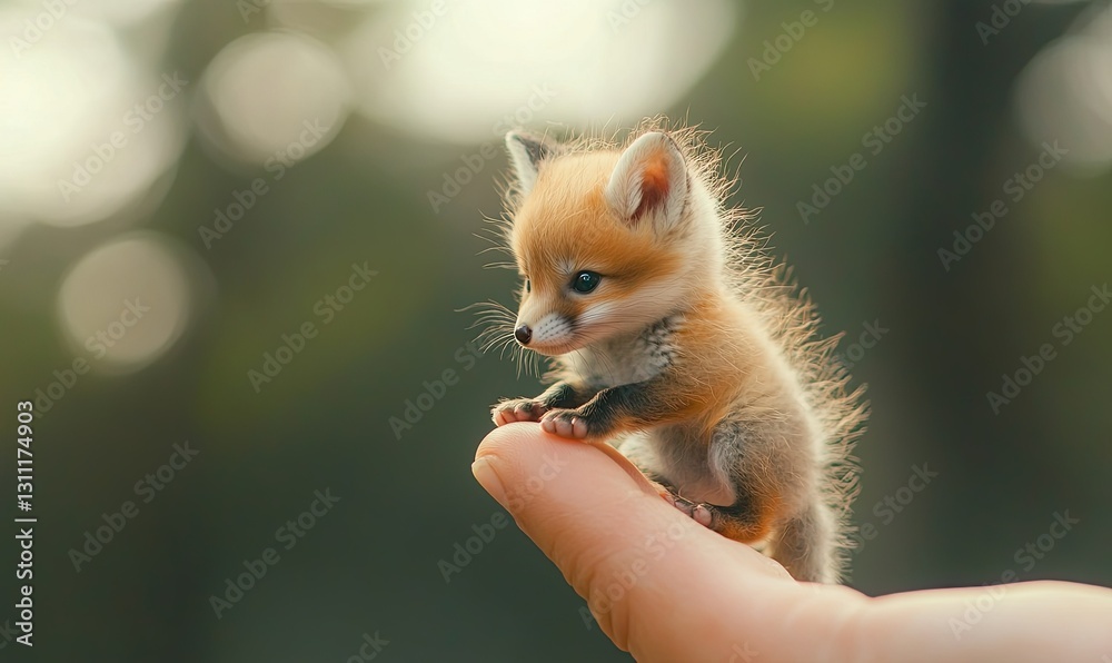 Obraz premium A tiny fox cub perched on the tip of someone's finger