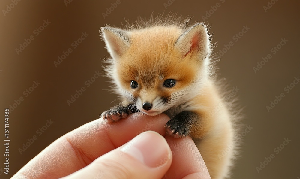 Obraz premium A tiny fox cub perched on the tip of someone's finger