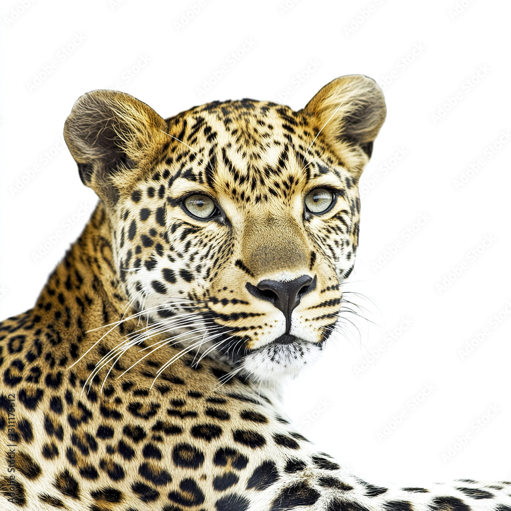 Leopard isolated on white background, showcasing its striking features Leopard isolated on white background, showcasing its striking features