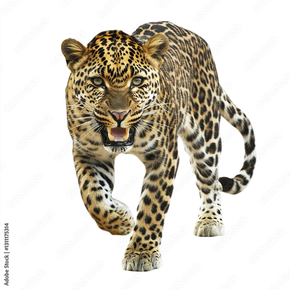 Fototapeta premium Leopard walking on white background, fierce expression