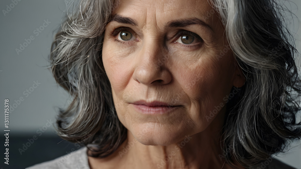 Minimalism. Studio portrait of a naturally aging elegant gray-haired elderly woman in an interior and clothes of calm tones. The concept of the elderly. Minimalism. Studio portrait of a naturally aging elegant gray-haired elderly woman in an interior and clothes of calm tones. The concept of the elderly.