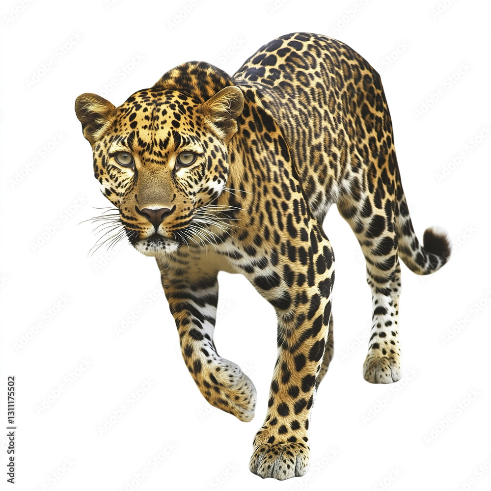 Obraz premium Leopard walking on white background, showcasing its spotted fur