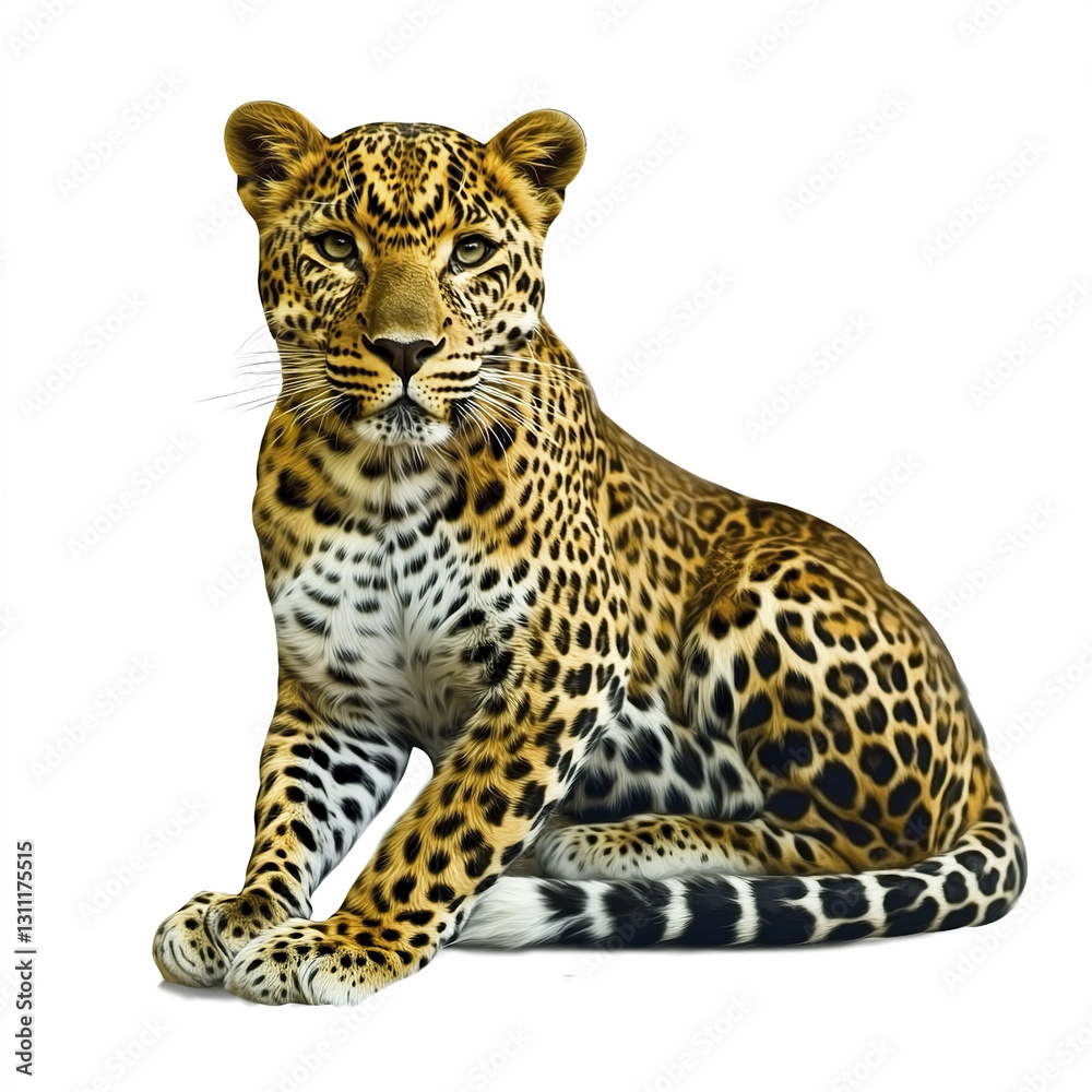 Leopard sitting on white background, showcasing its spotted fur Leopard sitting on white background, showcasing its spotted fur