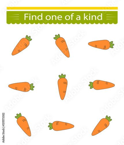 Fun education game for kids. Need to find one of a kind carrot. Kids activity page.