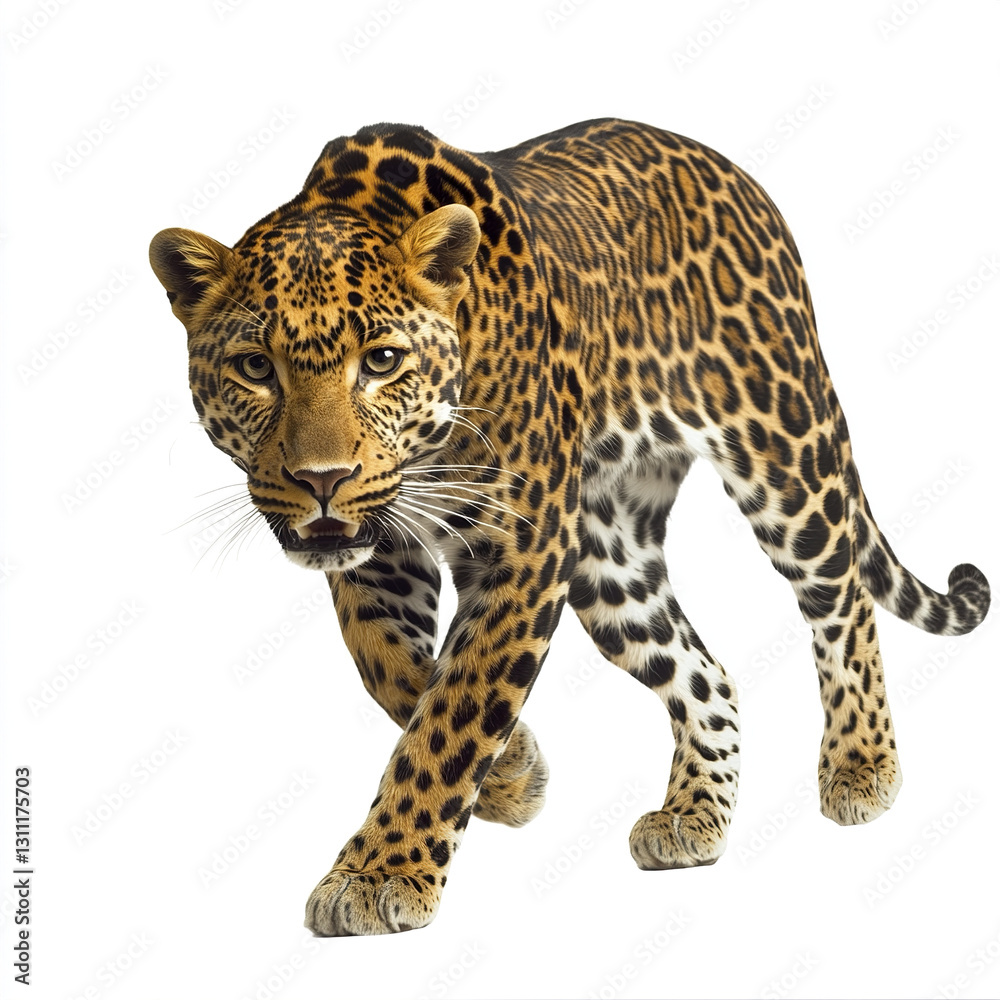 Leopard walking on white background, showcasing its spotted fur Leopard walking on white background, showcasing its spotted fur