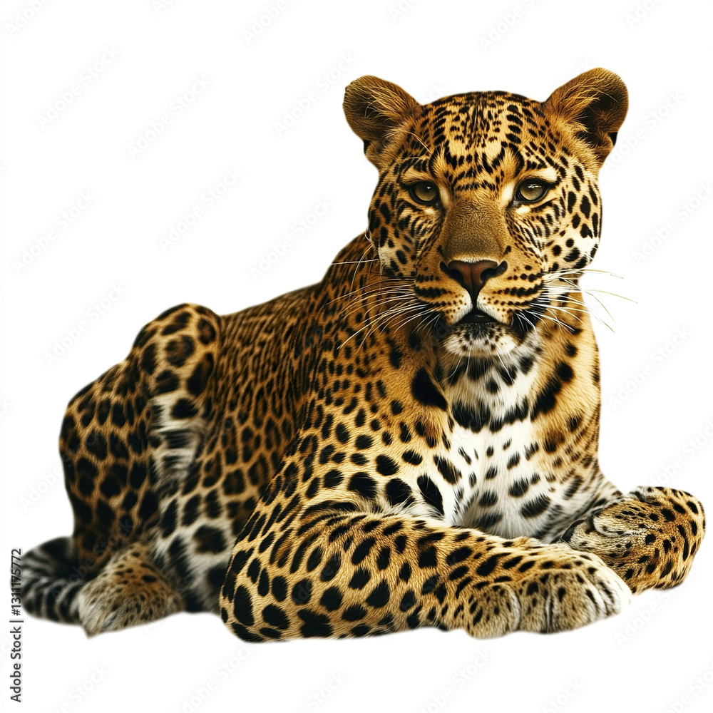 Leopard resting on white background, showcasing its spotted fur Leopard resting on white background, showcasing its spotted fur
