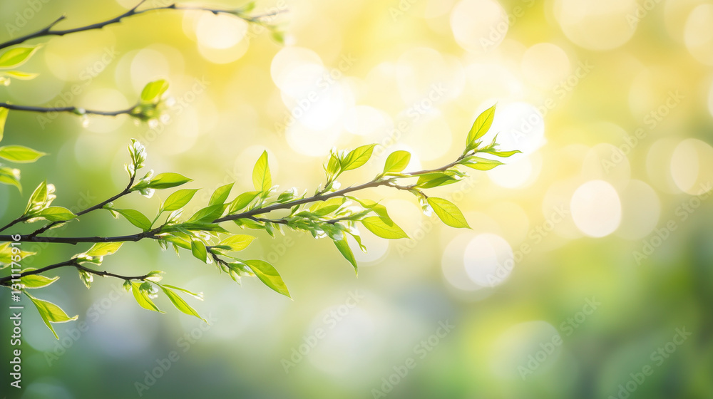 Delicate Willow Branch with Fresh Green Leaves, Soft Sunlight, and Blurred Spring Blossoms, Evoking Serenity and Renewal Delicate Willow Branch with Fresh Green Leaves, Soft Sunlight, and Blurred Spring Blossoms, Evoking Serenity and Renewal