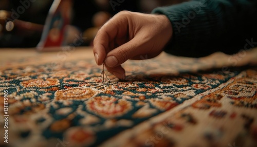 Hand repairs antique rug, craft workshop