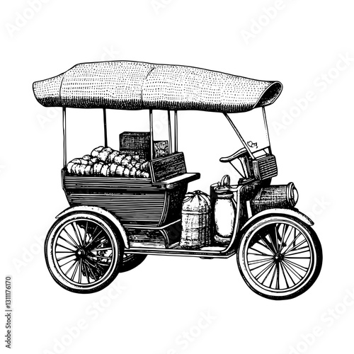 Engraved vector design of an antique fruit cart with a canopy showcasing fresh produce on a sunny day