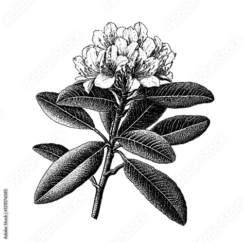Detailed botanical engraving of rhododendron flower showcasing intricate leaves and blossoms for tattoo design