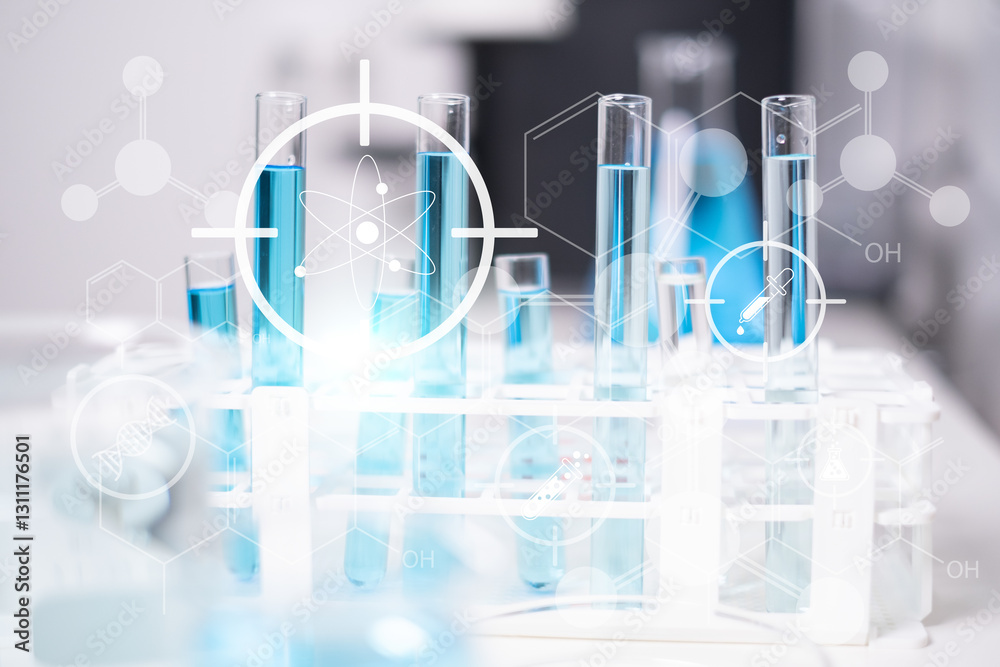 Fototapeta premium Laboratory test tube beakers with blue liquid science research chemistry chemical flask microscope virus bacteria icon