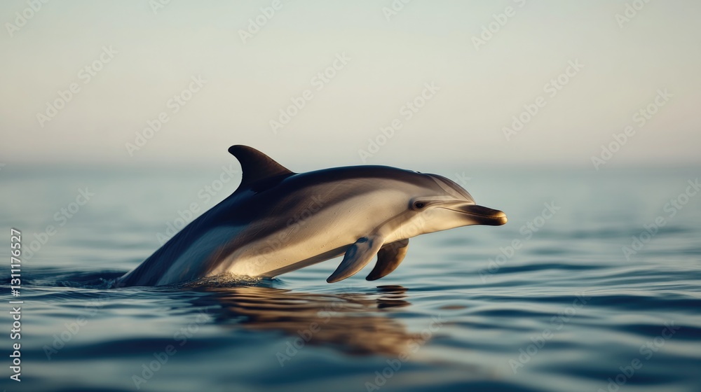Fototapeta premium Dolphin gracefully leaps above calm ocean surface, illuminated b