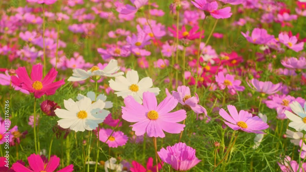 Vibrant Cosmos Flowers Blooming in a Colorful Field Under Sunlight Vibrant Cosmos Flowers Blooming in a Colorful Field Under Sunlight