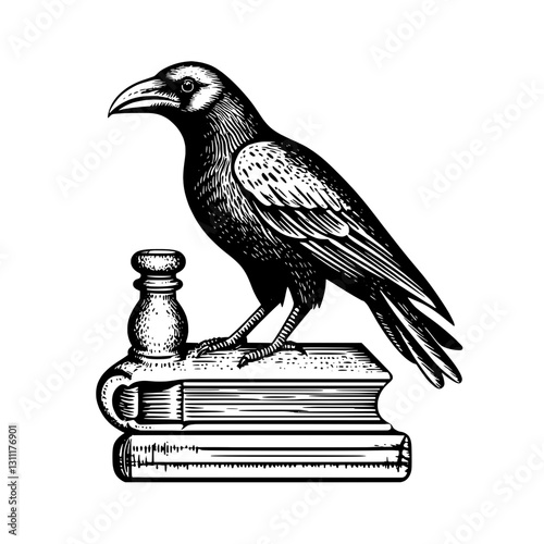 Engraved raven standing on stacked books with an ink pot in a vintage design suitable for tattoo art