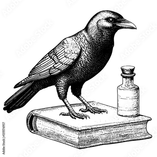 Engraved vector design of a crow perched on a book beside a mysterious bottle