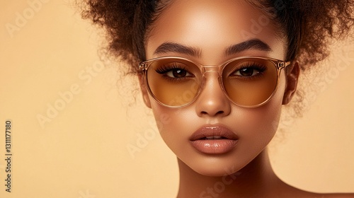 Beautiful woman with flawless skin on a beige background, close-up portrait of a beautiful young girl with natural makeup and clean, healthy facial features, a banner for a beauty concept. Beauty fash