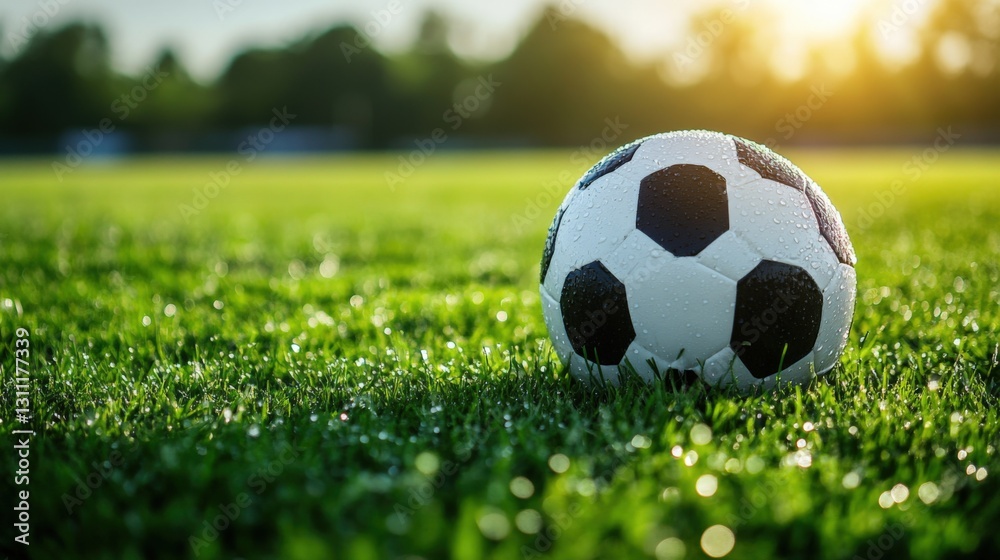 Fototapeta premium Soccer ball on dewy grass (1)