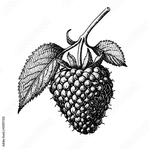 Detailed engraved vector design of a raspberry plant showcasing leaves and fruit with intricate detailing