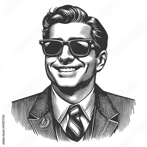Mafioso smiling man wearing sunglasses and a suit, exuding confidence and a vintage, stylish look sketch engraving generative ai vector illustration. Scratch board imitation. Black and white image.