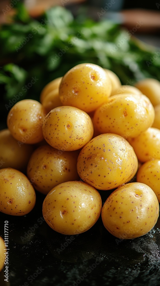 Delightful arrangement of freshly picked small potatoes with subtle textures and light brown spots showcasing their natural beauty Delightful arrangement of freshly picked small potatoes with subtle textures and light brown spots showcasing their natural beauty
