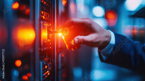A hand operates a server rack with glowing lights, showcasing tech.