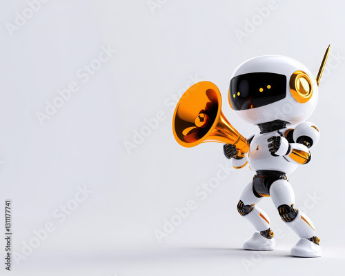 A playful robot holding a megaphone, ready to share exciting news.