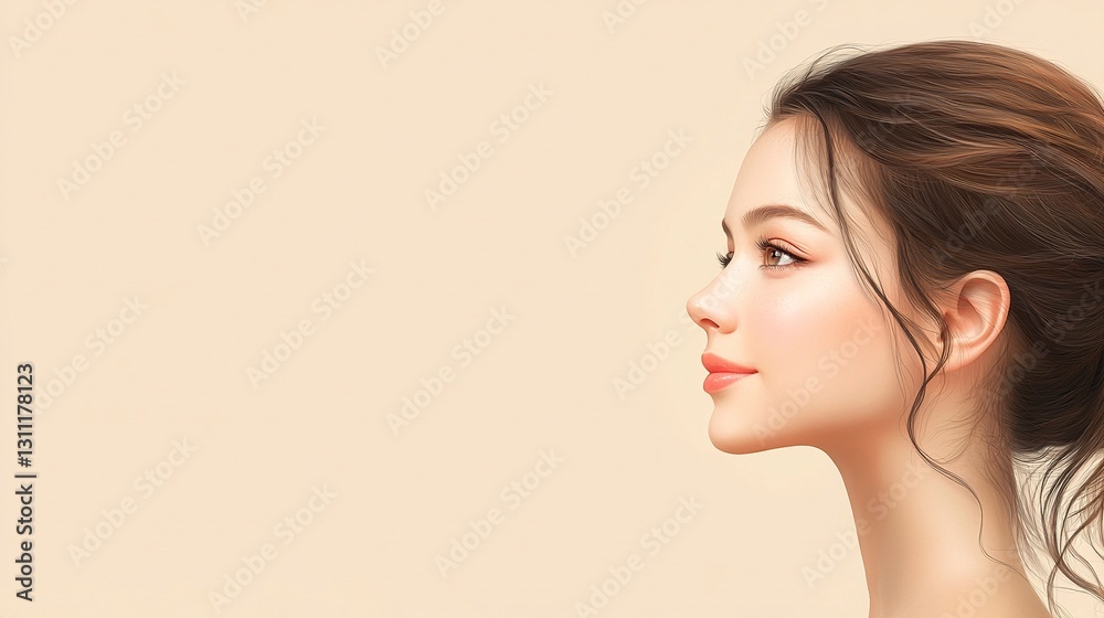 Naklejka premium Beautiful woman with flawless skin on a beige background, close-up portrait of a beautiful girl looking away and smiling, with space for a text banner, in side view. Portrait of a young beauty model