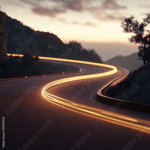 A road curves into the distance as the sun sets, with a train visible on the tracks