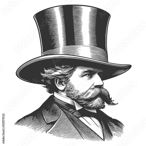 gentleman wearing an exaggeratedly tall top hat, complete with a mustache and suit sketch engraving generative ai vector illustration. Scratch board imitation. Black and white image.