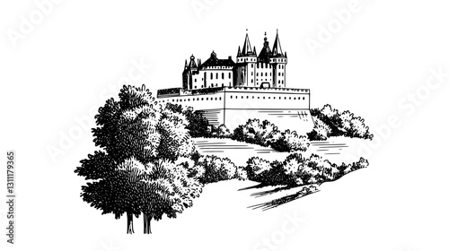 Engraved illustration of a medieval castle surrounded by trees in a tranquil landscape setting