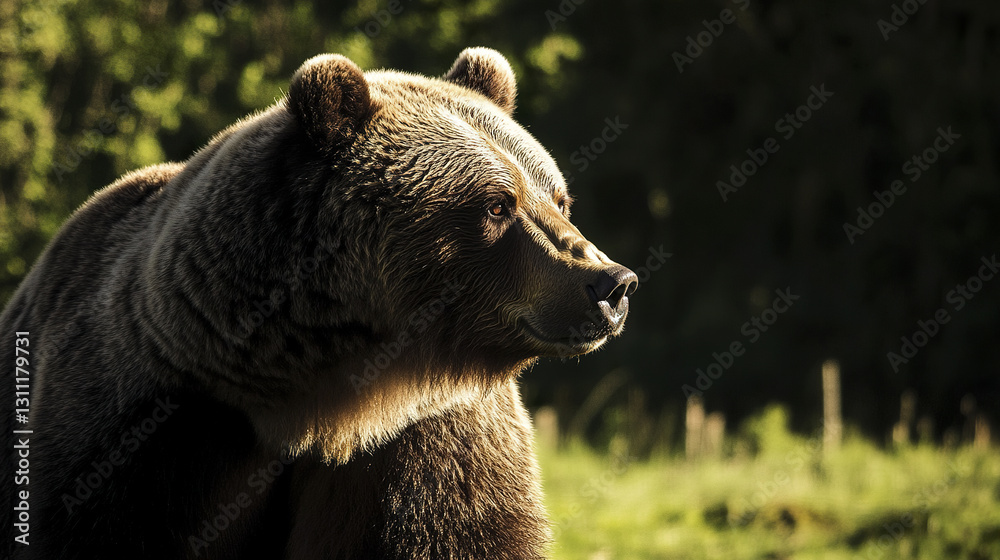 Fototapeta premium Bear in sunlight with dramatic shadows in forest setting