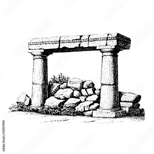 Engraved vector illustration of ancient ruins featuring stone columns and a broken archway in a historical site