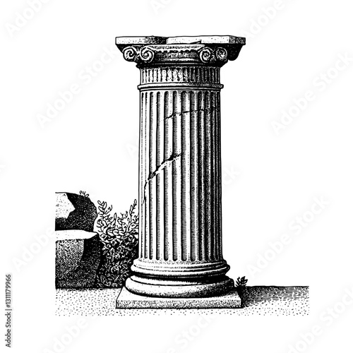 Engraved vector illustration of a classical column surrounded by stones and plants