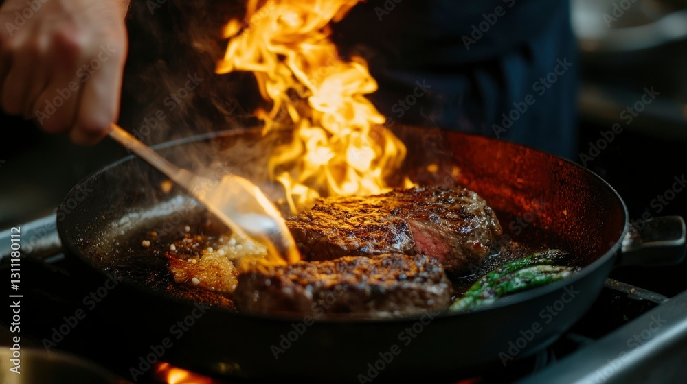 Chef flamb?s steaks in a pan in a kitchen Chef flamb?s steaks in a pan in a kitchen