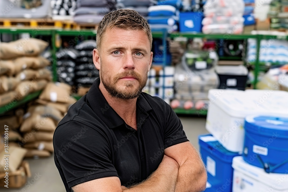 Fototapeta premium Operations manager in formal attire stands with arms crossed on bustling textile factory floor