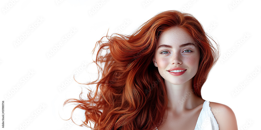 Beautiful young woman with long flowing red hair isolated on white background. Mockup, copy space signboard for shampoo and conditioner advertising, hair salon design concept Beautiful young woman with long flowing red hair isolated on white background. Mockup, copy space signboard for shampoo and conditioner advertising, hair salon design concept