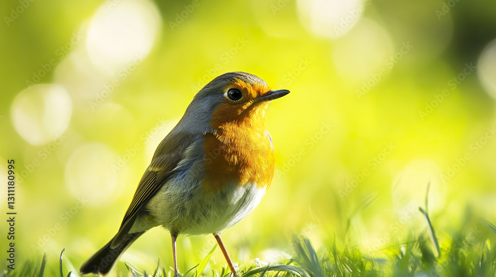 Obraz premium European robin in sunlight on grass with blurred background