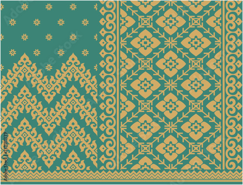 Vector illustration of Indonesian Riau Malay songket woven fabric motif, green background. Suitable for fabric motifs, batik, backgrounds, decorations, etc