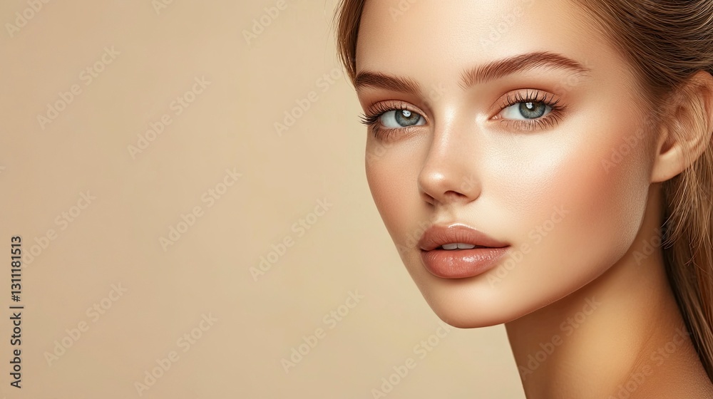 Naklejka premium Beautiful young woman with perfect, clean, fresh skin on a beige background. Close-up portrait of a beautiful girl model after a spa and beauty treatment in a salon. Beauty concept,