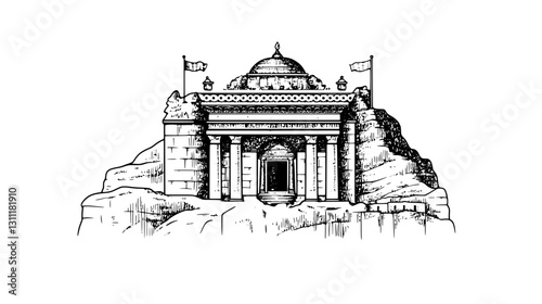 Engraved vector design of a temple structure situated on a rocky landscape with flags waving elegantly