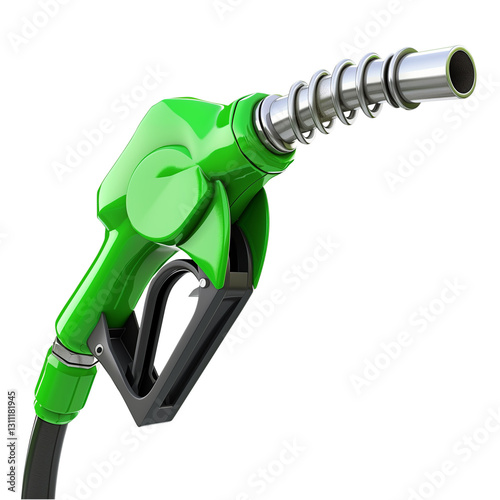Realistic green gas pump nozzle isolated on white. Eco-friendly fuel concept