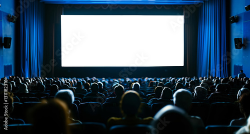 Audience watching illuminated white cinema screen in dark blue movie theater, realistic photo